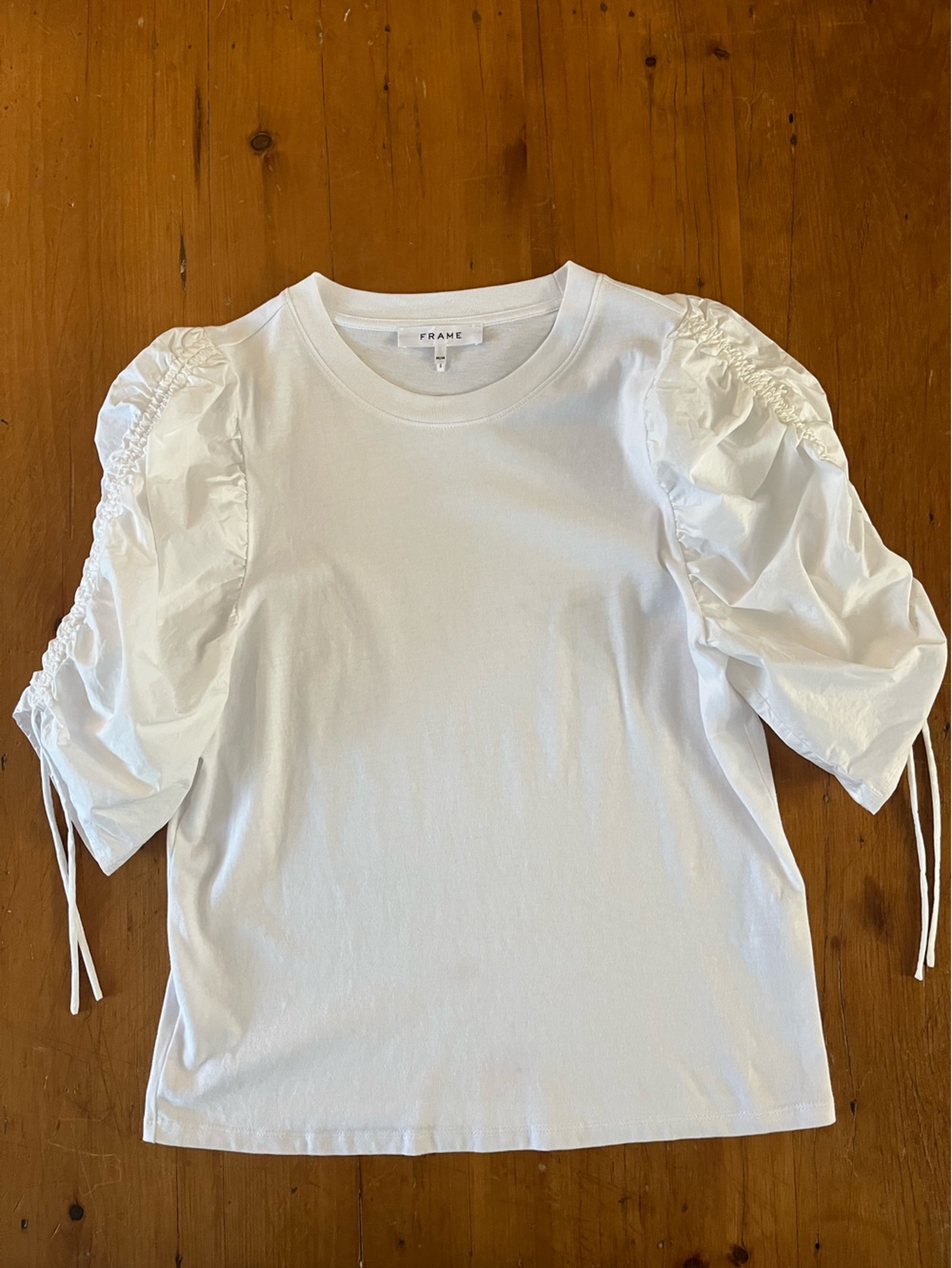 FRAME Ruched Tie Poplin Sleeve White 100% Organic Cotton Tee